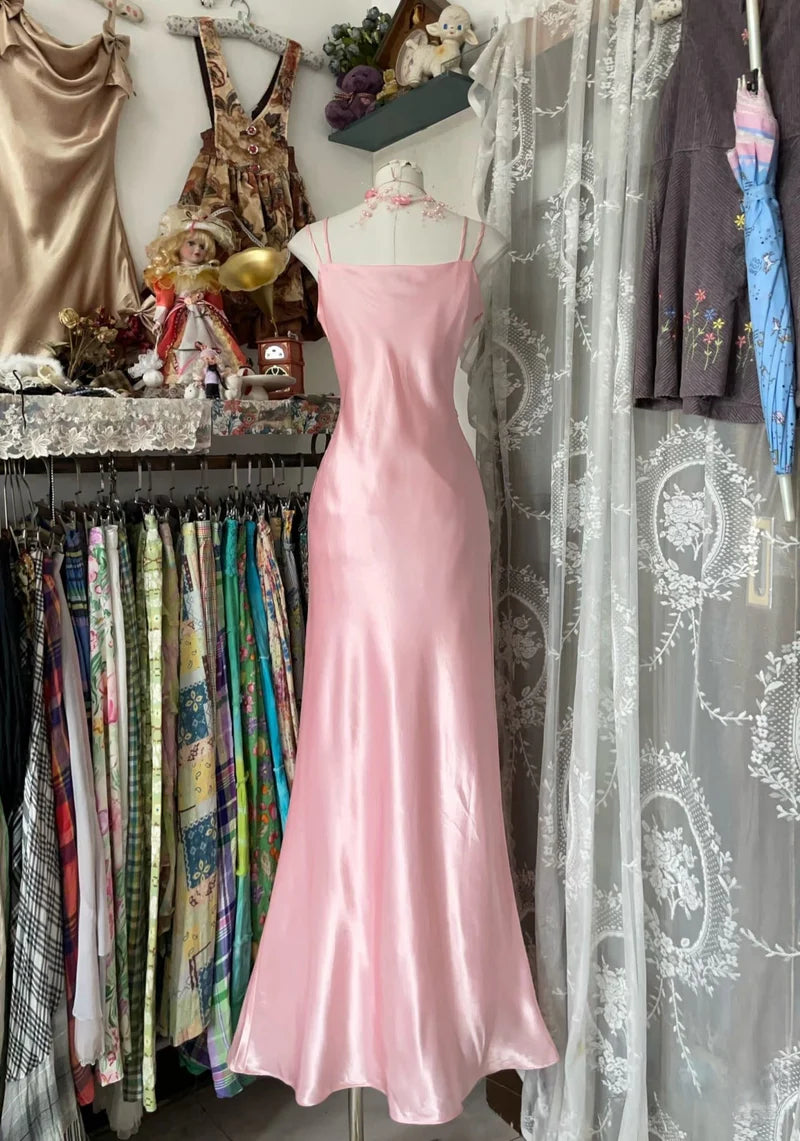 Robe de soirée longue rose style rétro, style sirène, bretelles, longueur au sol, en satin et dentelle, robe de bal, NV5641