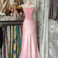 Robe de soirée longue rose style rétro, style sirène, bretelles, longueur au sol, en satin et dentelle, robe de bal, NV5641