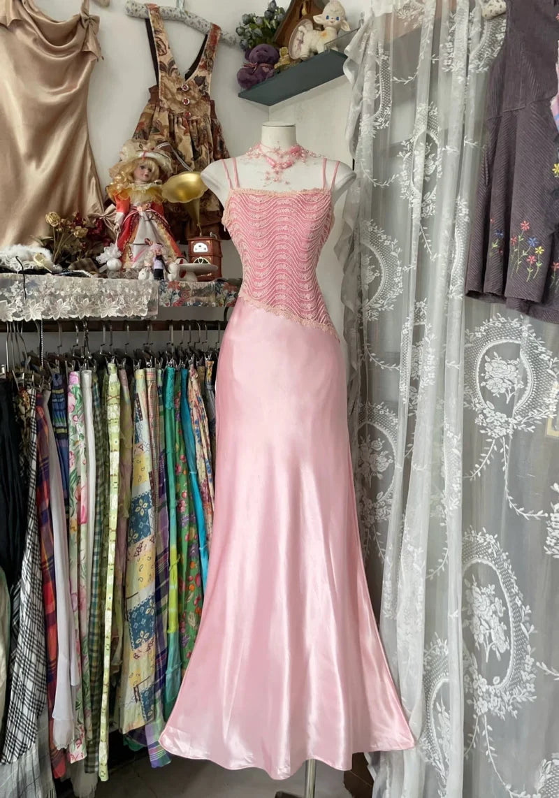 Robe de soirée longue rose style rétro, style sirène, bretelles, longueur au sol, en satin et dentelle, robe de bal, NV5641