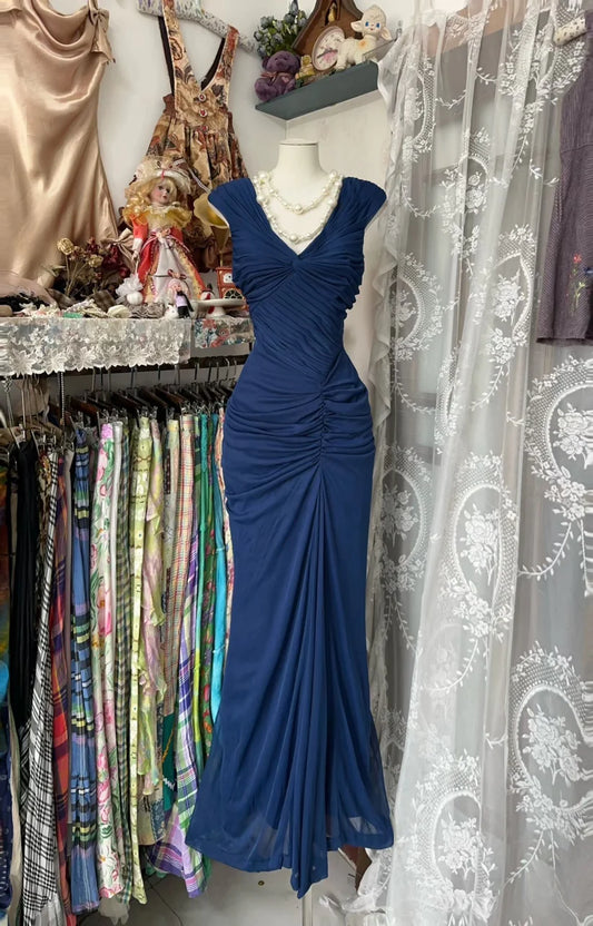 Navy Blue Vintage Fashion Mermaid V Neck Floor Length Evening Gown Prom Dress Party Dress nv4293