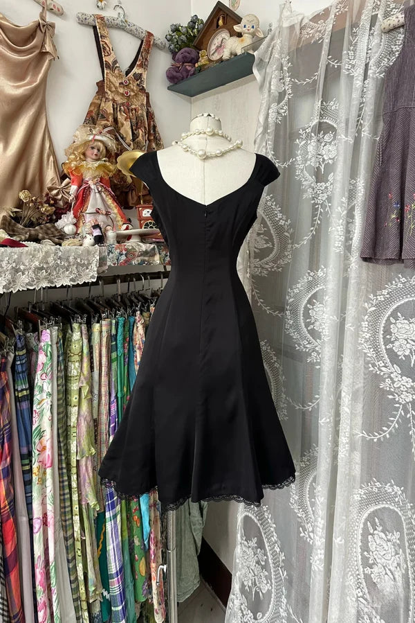 Schwarzes Vintage Homecoming-Kleid, Ballkleid, kurzes Satin-Geburtstagskleid, nv4299