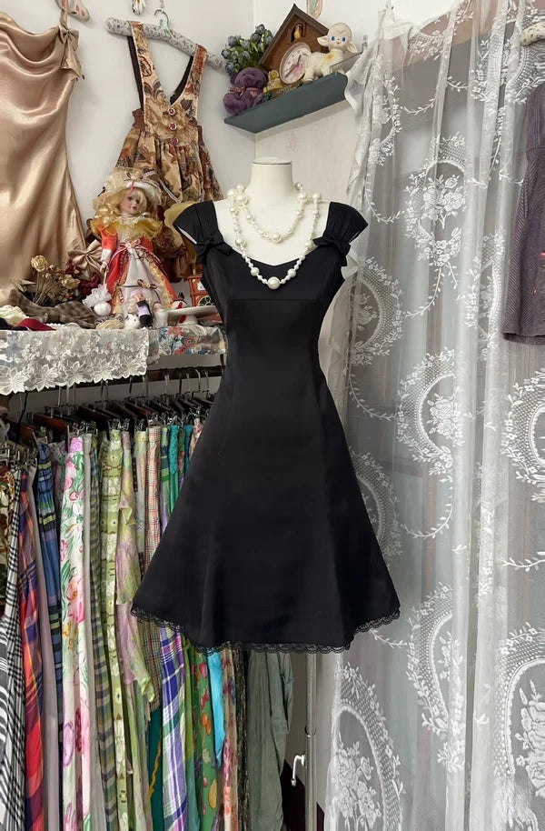 Schwarzes Vintage Homecoming-Kleid, Ballkleid, kurzes Satin-Geburtstagskleid, nv4299