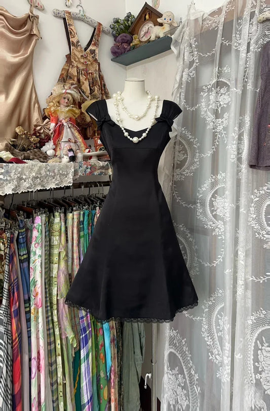 Schwarzes Vintage Homecoming-Kleid, Ballkleid, kurzes Satin-Geburtstagskleid, nv4299