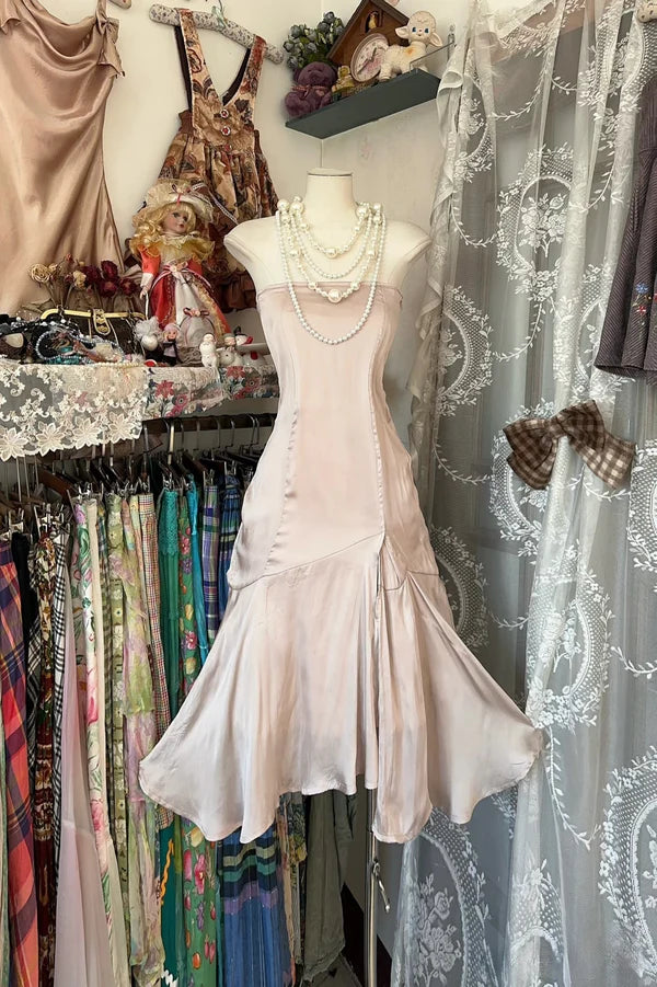 Robe de soirée courte rose style rétro, robe d'anniversaire sirène à épaules dénudées, nv4295
