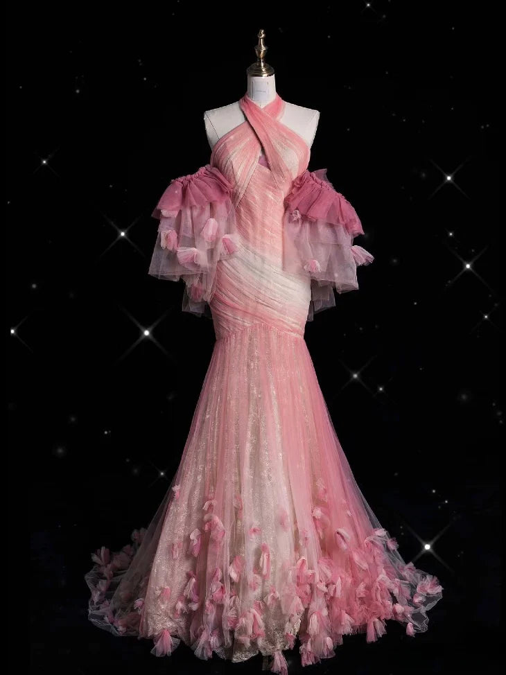 Rosa Wunderschöne Retro Mode Elegante Blumen Meerjungfrau Hosenträger Lange Meerjungfrau Tüll Bodenlangen Abendkleid Ballkleid nv3829