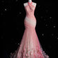 Rosa Wunderschöne Retro Mode Elegante Blumen Meerjungfrau Hosenträger Lange Meerjungfrau Tüll Bodenlangen Abendkleid Ballkleid nv3829