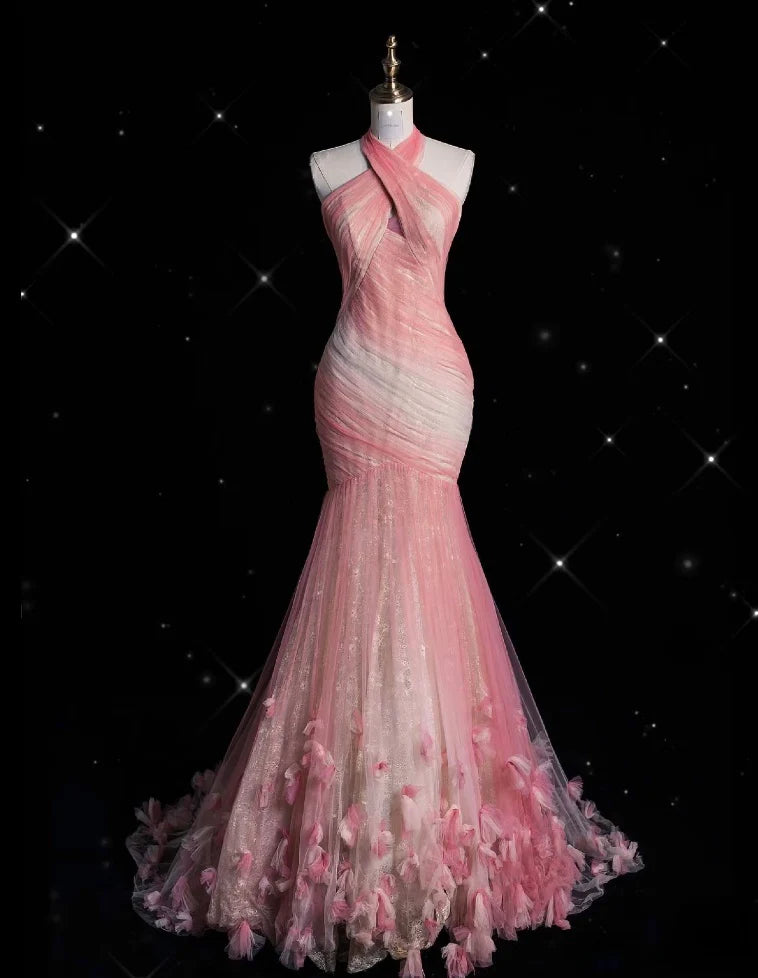 Rosa Wunderschöne Retro Mode Elegante Blumen Meerjungfrau Hosenträger Lange Meerjungfrau Tüll Bodenlangen Abendkleid Ballkleid nv3829