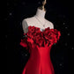 Robe de soirée longue rouge en satin, coupe trapèze, sans bretelles, nv4234