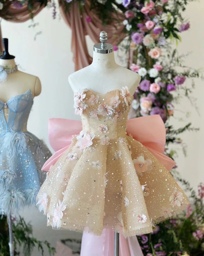 Robe de soirée courte en tulle rose, douce et délicate, ornée de perles et de paillettes scintillantes, robe de bal, robe de soirée, robe d'anniversaire, nv2797