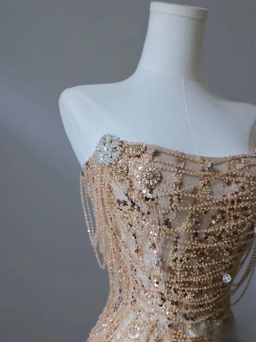 Robe de soirée longue en tulle perlé, magnifique et brillante, style sirène, épaules dénudées, paillettes, robe de bal, robe de bal nv3854