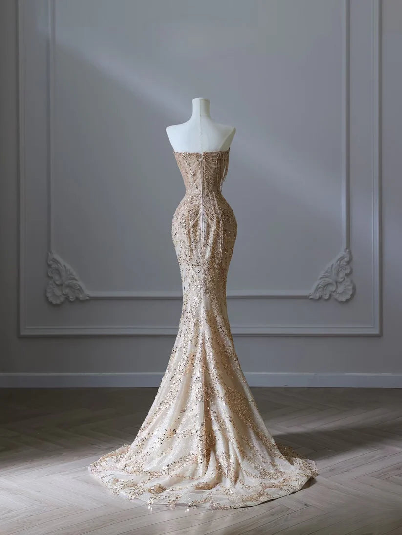 Gold Hübsches Meerjungfrau-Kleid, schulterfrei, langes, mit Perlen besetztes Ballkleid mit Pailletten, formelles Abendkleid, NV4112