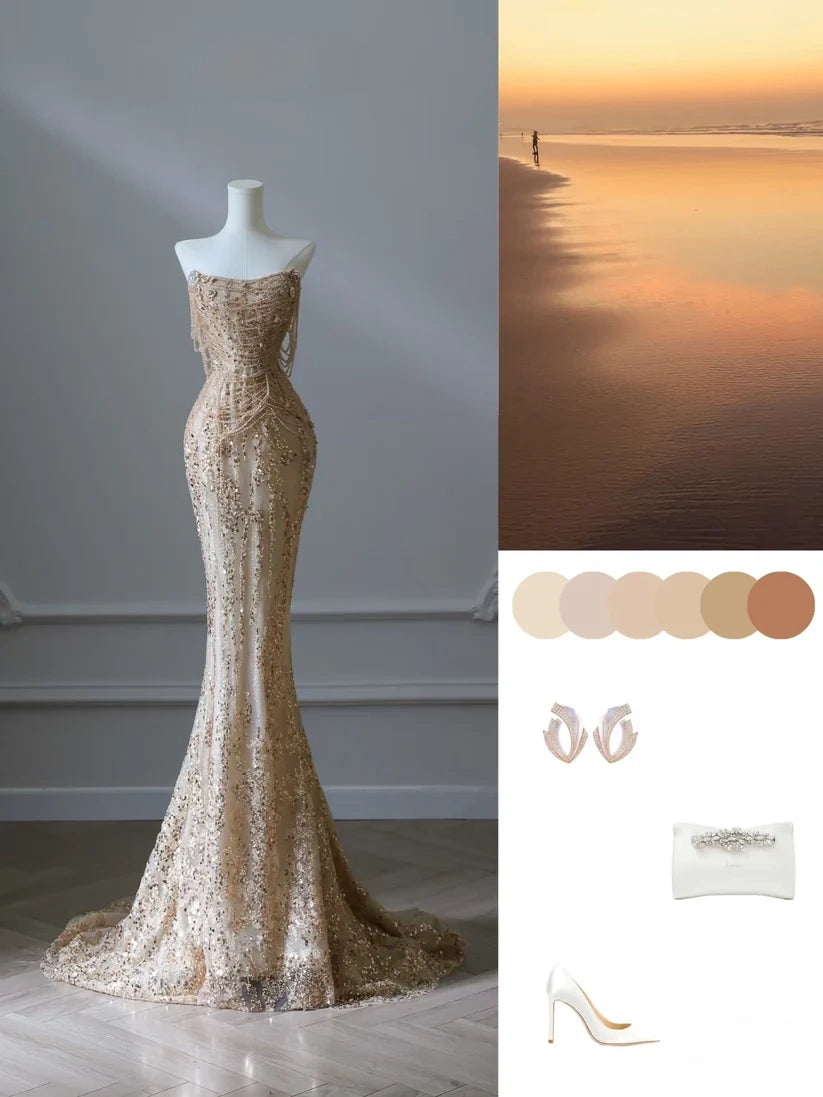 Gold Hübsches Meerjungfrau-Kleid, schulterfrei, langes, mit Perlen besetztes Ballkleid mit Pailletten, formelles Abendkleid, NV4112