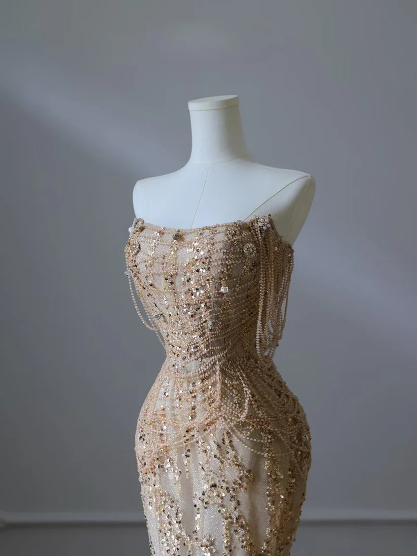 Gold Hübsches Meerjungfrau-Kleid, schulterfrei, langes, mit Perlen besetztes Ballkleid mit Pailletten, formelles Abendkleid, NV4112