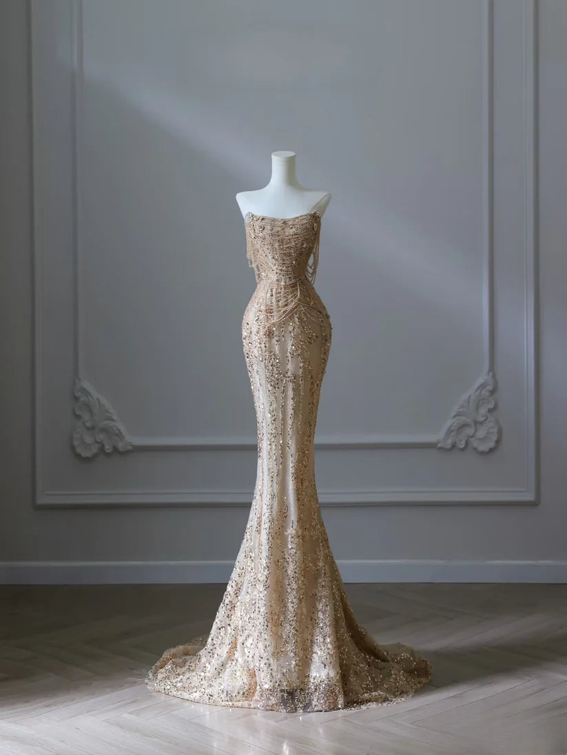 Robe de soirée longue en tulle perlé, magnifique et brillante, style sirène, épaules dénudées, paillettes, robe de bal, robe de bal nv3854