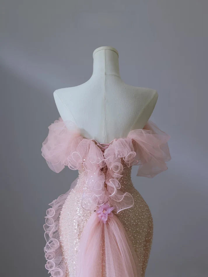 Robe de soirée sirène longue rose, magnifique, brillante, élégante, à la mode, épaules dénudées, paillettes, slim, robe de bal, nv3792