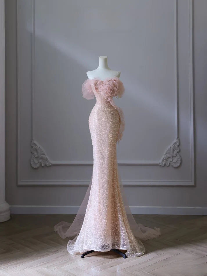 Robe de soirée sirène longue rose, magnifique, brillante, élégante, à la mode, épaules dénudées, paillettes, slim, robe de bal, nv3792