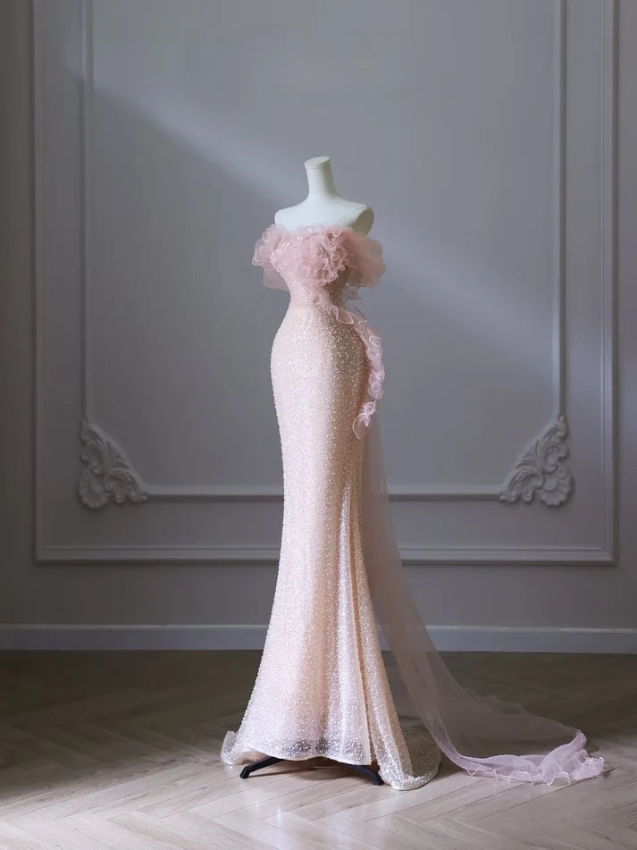 Robe de soirée sirène longue rose, magnifique, brillante, élégante, à la mode, épaules dénudées, paillettes, slim, robe de bal, nv3792