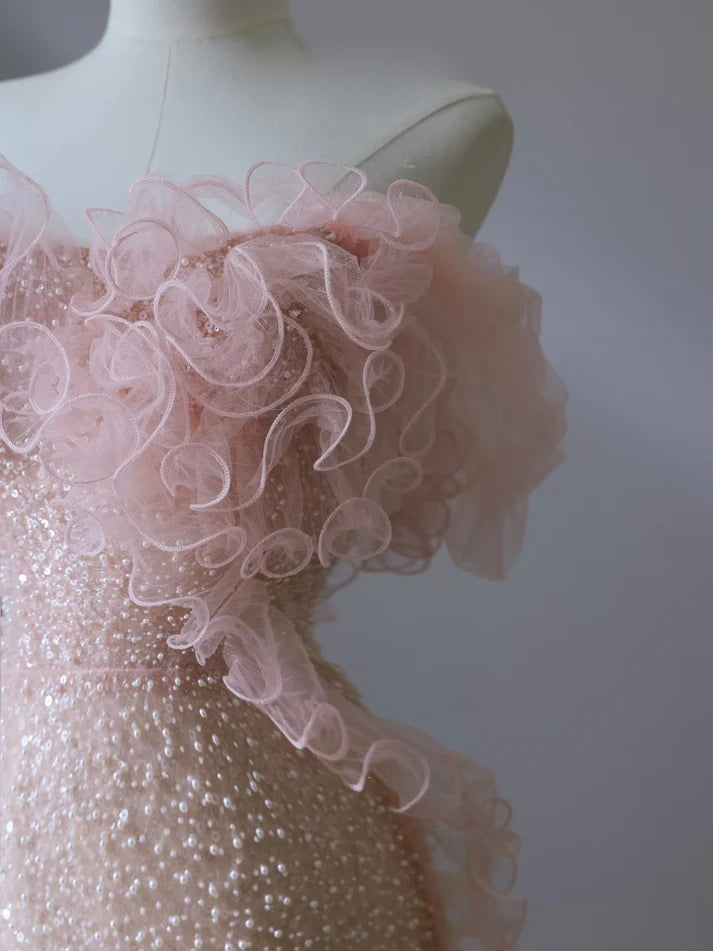 Robe de soirée sirène longue rose, magnifique, brillante, élégante, à la mode, épaules dénudées, paillettes, slim, robe de bal, nv3792