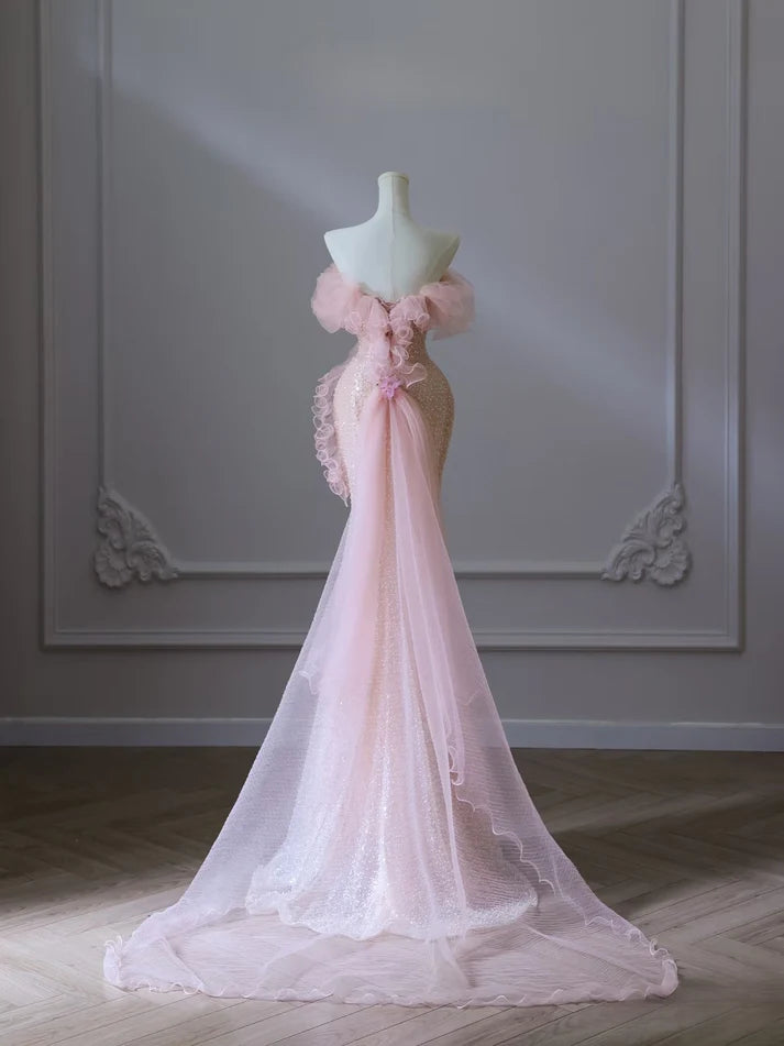 Robe de soirée sirène longue rose, magnifique, brillante, élégante, à la mode, épaules dénudées, paillettes, slim, robe de bal, nv3792