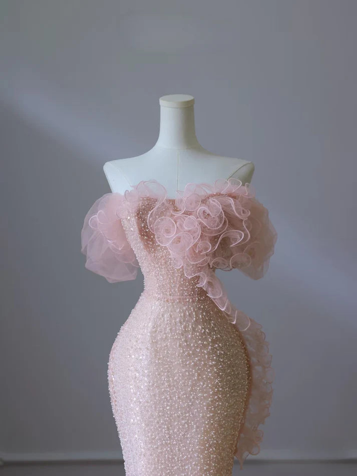 Robe de soirée sirène longue rose, magnifique, brillante, élégante, à la mode, épaules dénudées, paillettes, slim, robe de bal, nv3792