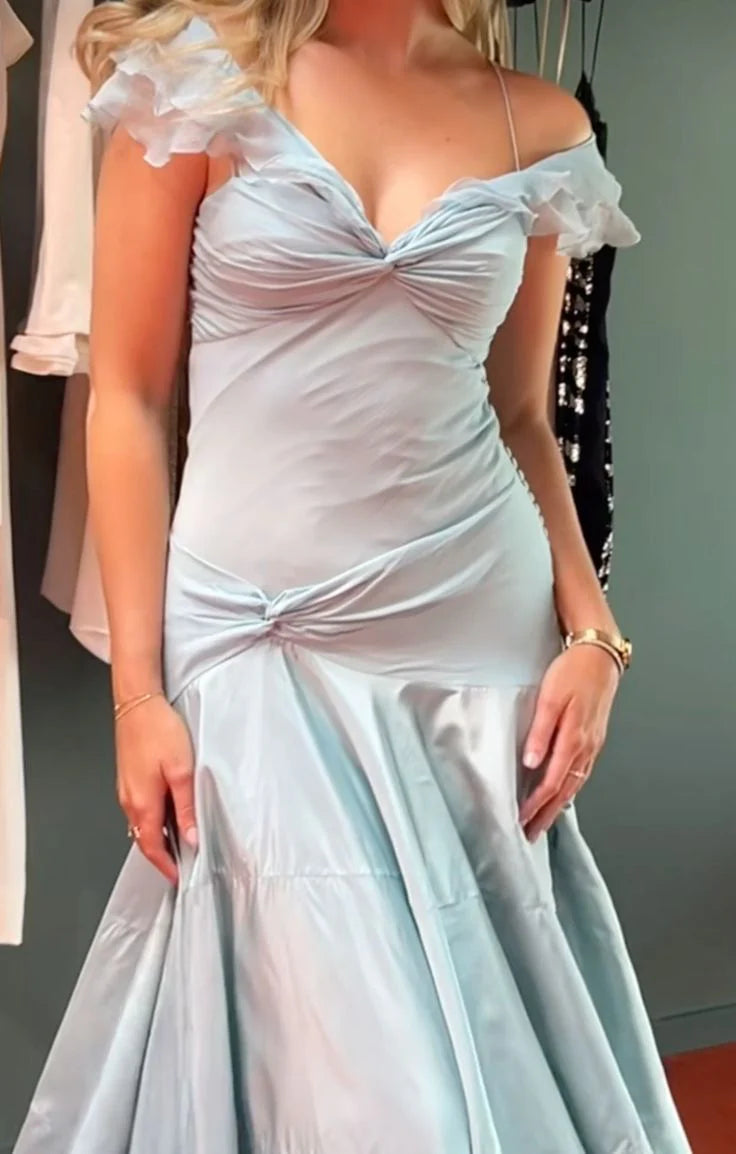 Robe de soirée sirène élégante en satin bleu ciel clair à épaules dénudées, robe de bal nv4152