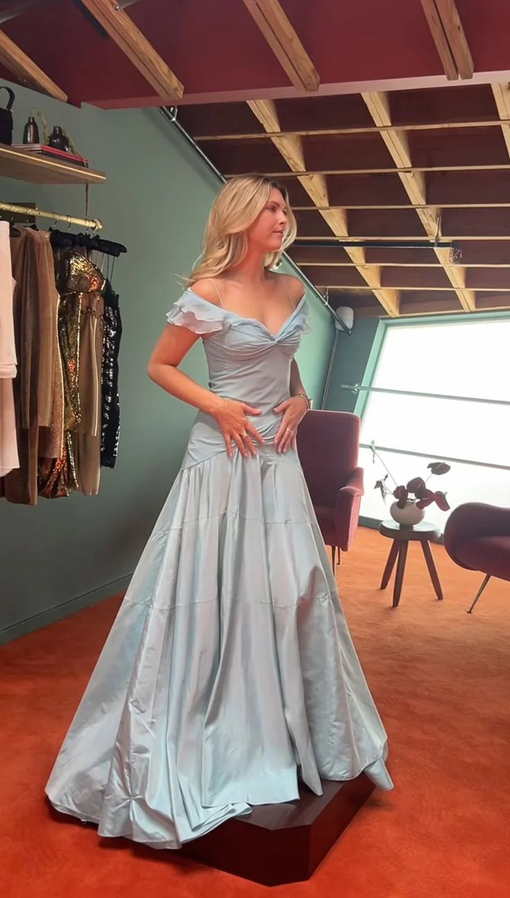 Robe de soirée sirène élégante en satin bleu ciel clair à épaules dénudées, robe de bal nv4152