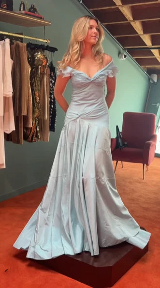 Robe de soirée sirène élégante en satin bleu ciel clair à épaules dénudées, robe de bal nv4152