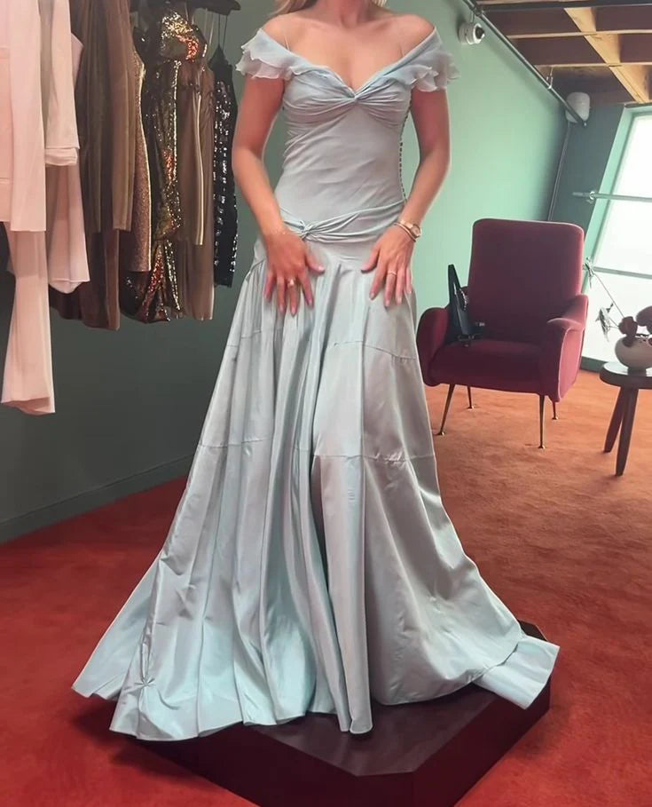 Robe de soirée sirène élégante en satin bleu ciel clair à épaules dénudées, robe de bal nv4152
