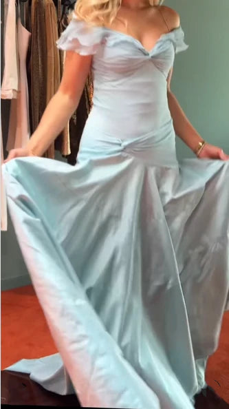 Robe de soirée sirène élégante en satin bleu ciel clair à épaules dénudées, robe de bal nv4152