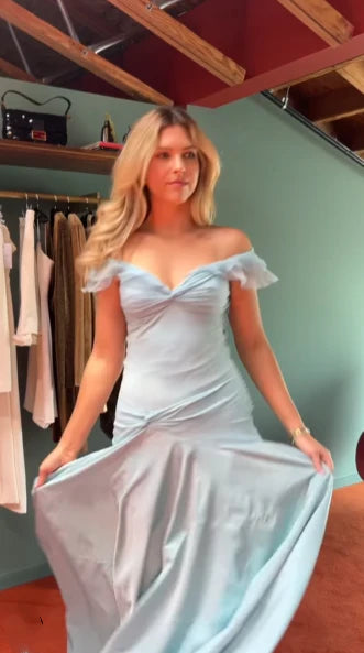 Robe de soirée sirène élégante en satin bleu ciel clair à épaules dénudées, robe de bal nv4152