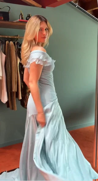 Robe de soirée sirène élégante en satin bleu ciel clair à épaules dénudées, robe de bal nv4152