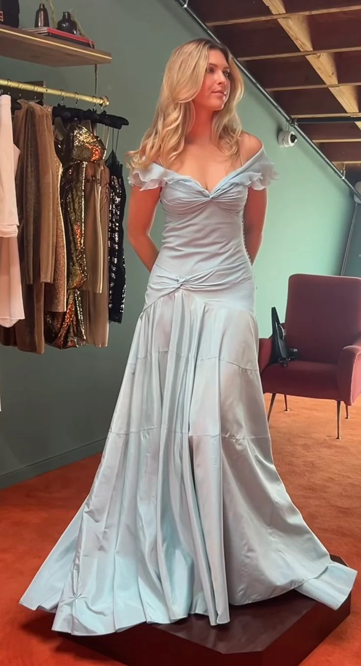 Robe de soirée sirène élégante en satin bleu ciel clair à épaules dénudées, robe de bal nv4152