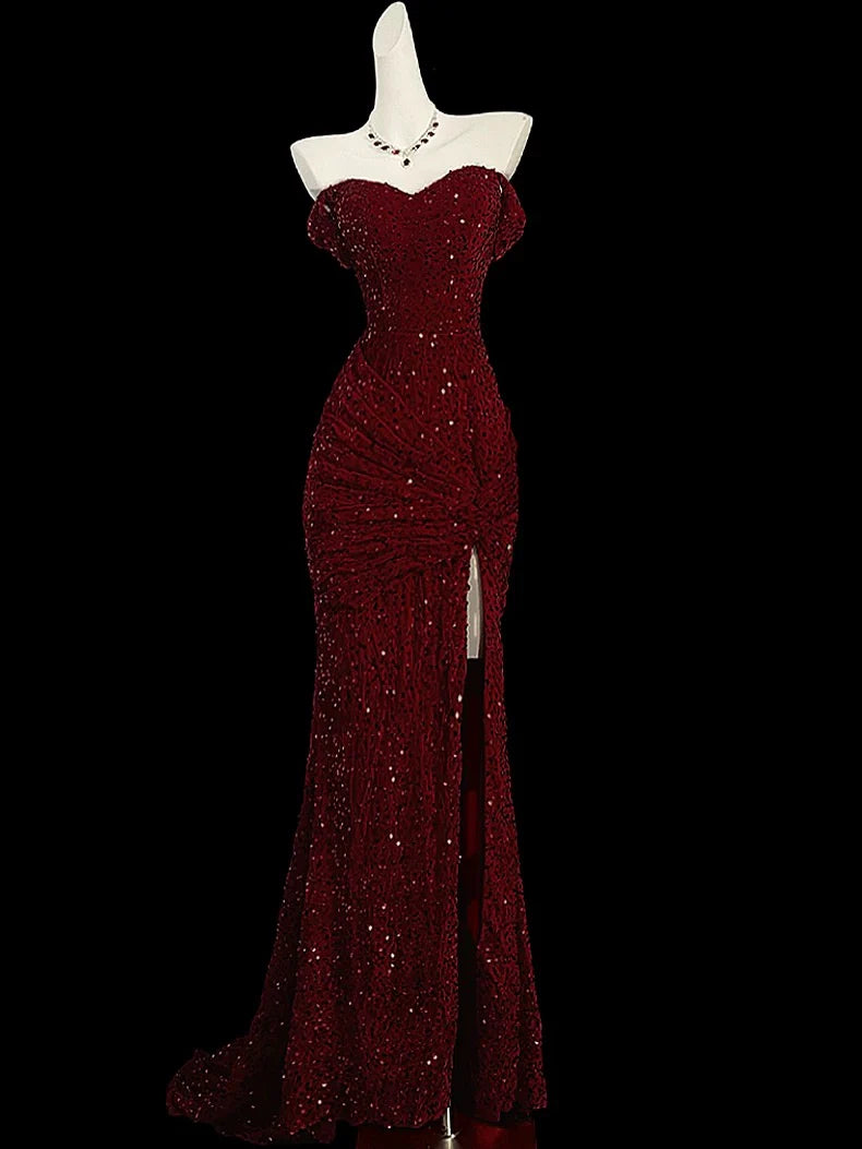 Classy Mermaid Sweetheart Red Slit Sequin Long Evening Gowns Prom Dress nv4151