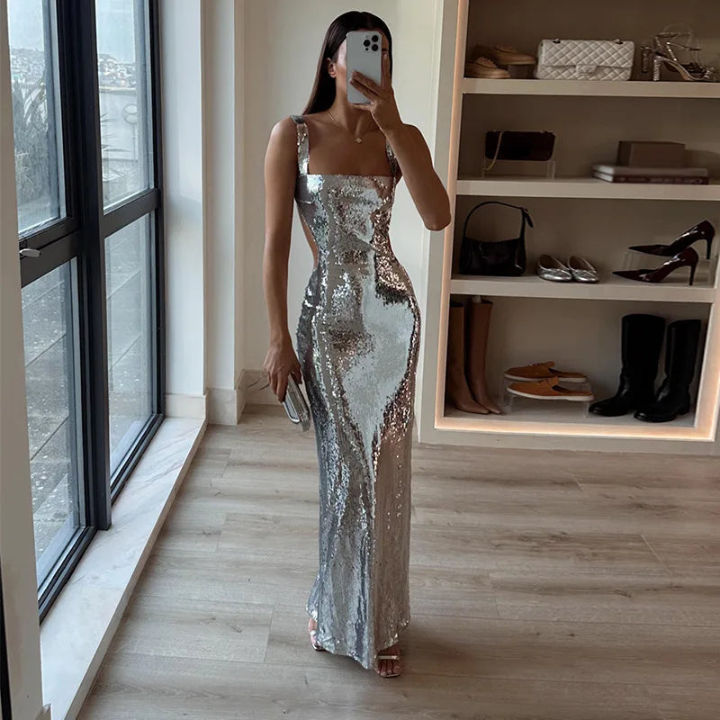 Silber Mode Pailletten Sexy Bodycon Neckholder Ballkleid Meerjungfrau Abendkleid nv1799