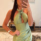 Sage Green Satin Mermaid Halter Short Homecoming Dress nv1928