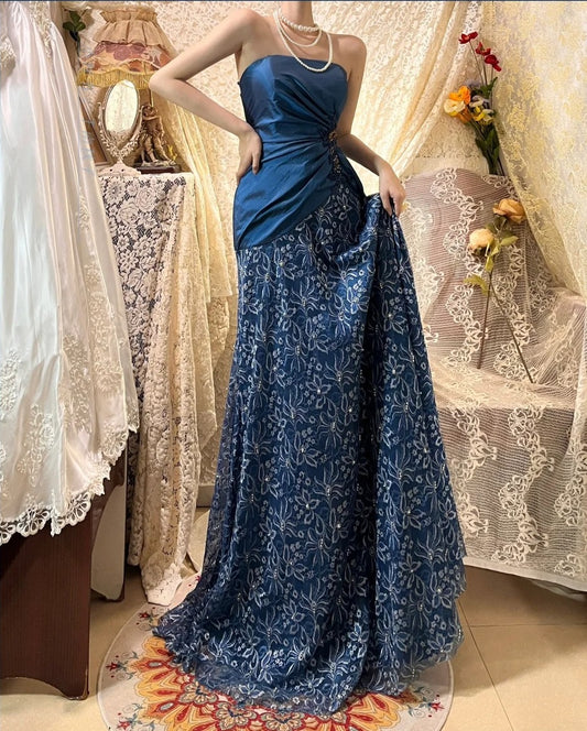 Sapphire blue exquisite beaded pleated elegant and charming retro fashion floral long taffeta lace ball gown evening dress nv4316