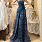 Saphirblau exquisite Perlen plissiert elegante und charmante Retro-Mode floral lange Taft Spitze Ballkleid Abendkleid nv4316