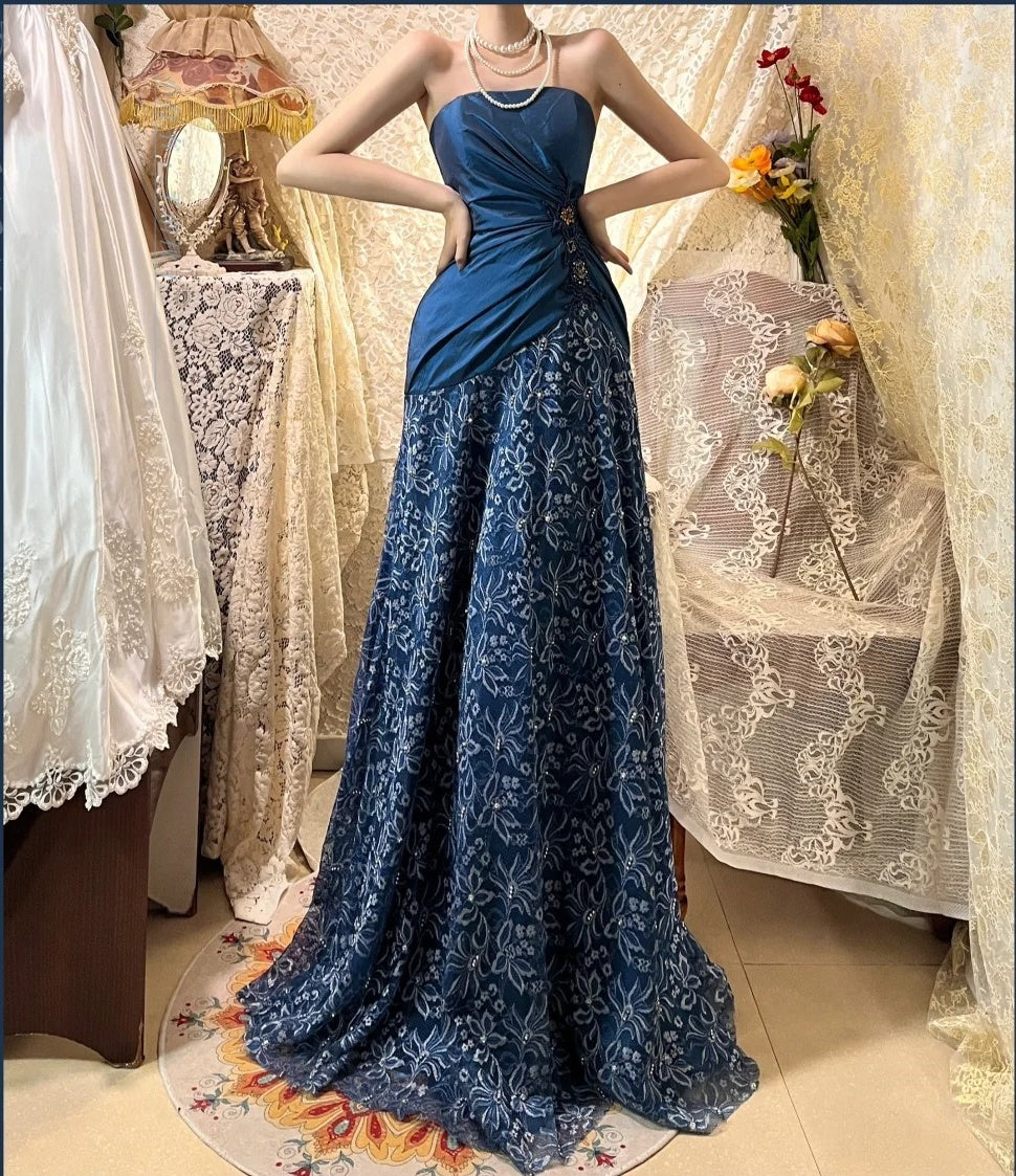 Saphirblau exquisite Perlen plissiert elegante und charmante Retro-Mode floral lange Taft Spitze Ballkleid Abendkleid nv4316