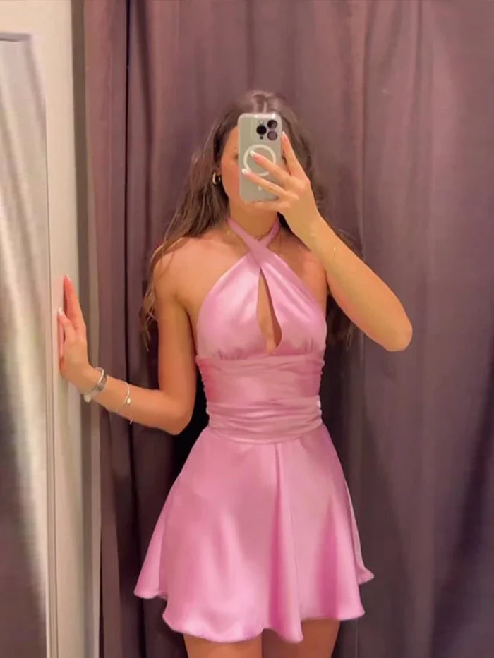 Robe mini en satin rose élégante dos nu sans manches, robe de soirée ajustée, robe de soirée, robe de soirée, robe de soirée, nv1880
