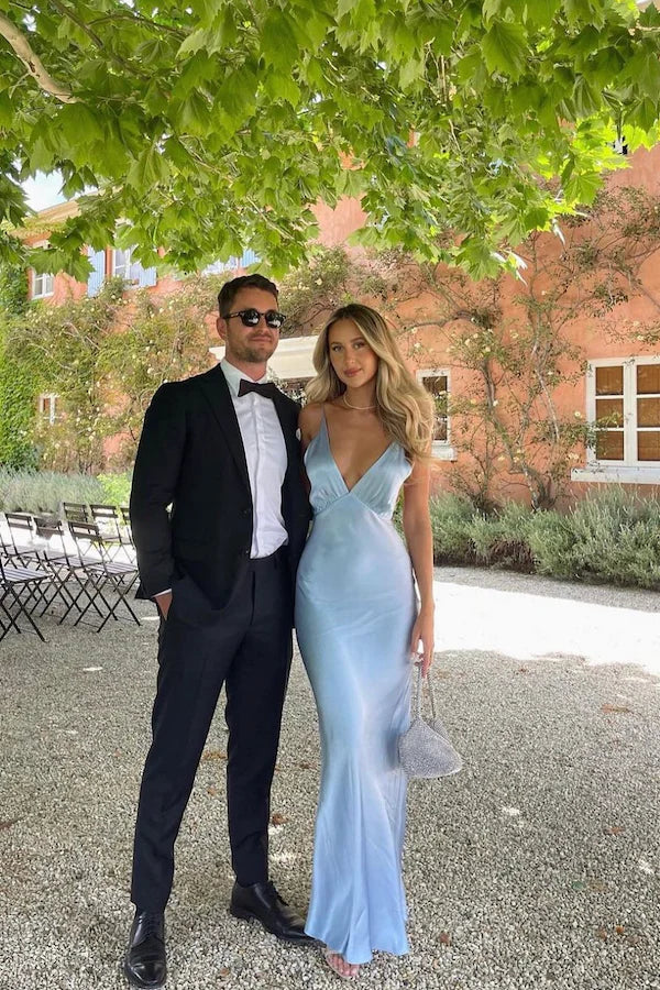 Robe de bal fourreau bleu clair sexy à bretelles spaghetti, sans manches, longueur au sol, nv1646