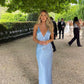 Robe de bal fourreau bleu clair sexy à bretelles spaghetti, sans manches, longueur au sol, nv1646