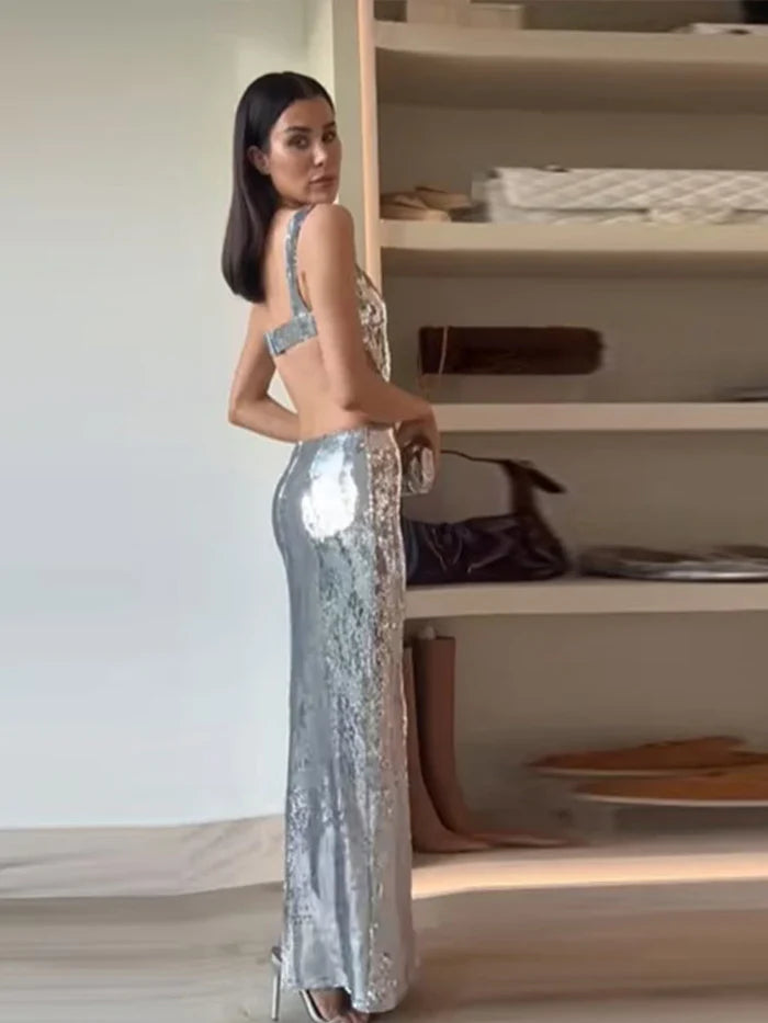 Silber Mode Pailletten Sexy Bodycon Neckholder Ballkleid Meerjungfrau Abendkleid nv1799