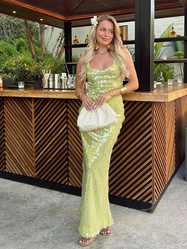 Robe de soirée élégante à bretelles, longue, à paillettes, verte, à la mode, robe de bal, de cocktail, d'anniversaire, robe de bal, nv3959