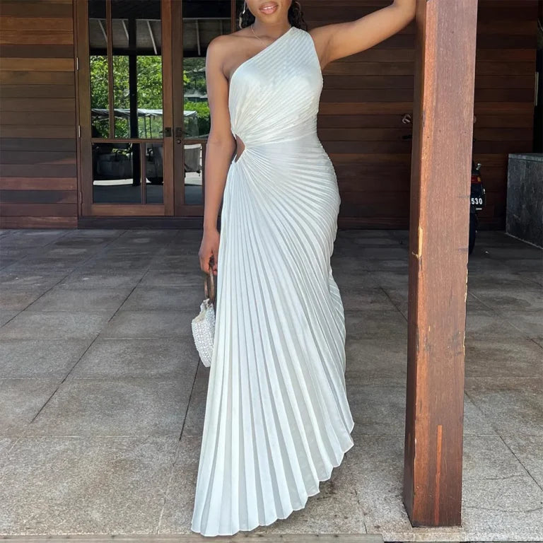 Weißes, modisches One-Shoulder-Plissee-Satinkleid mit asymmetrischem Saum, schickes, langes Ballkleid, Abendkleid, Partykleid, nv1850