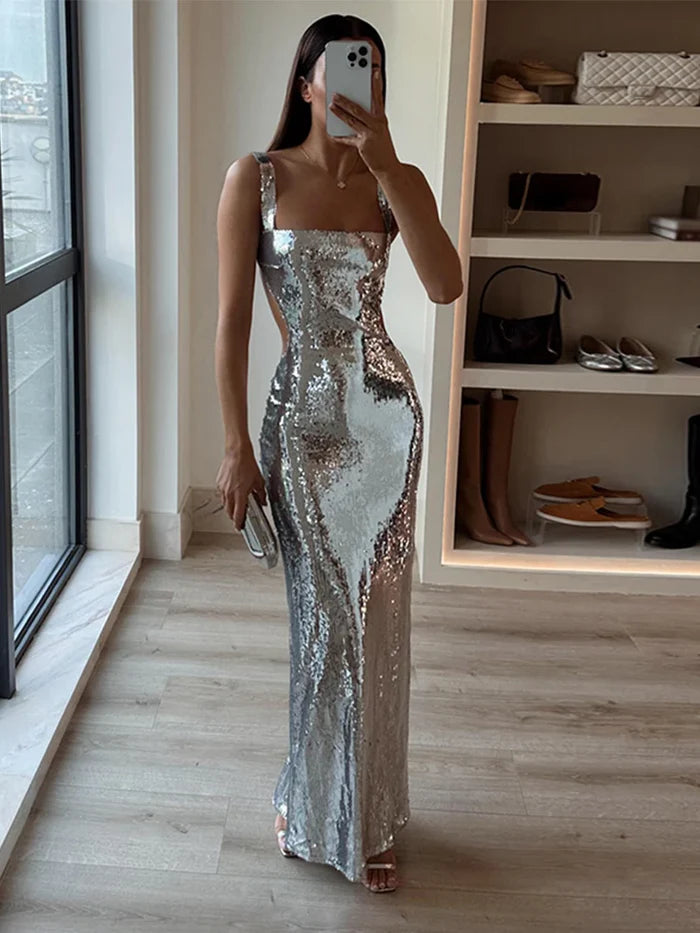 Silber Mode Pailletten Sexy Bodycon Neckholder Ballkleid Meerjungfrau Abendkleid nv1799