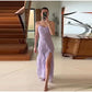 Robe de soirée rose à bretelles spaghetti et volants en mousseline de soie nv1764