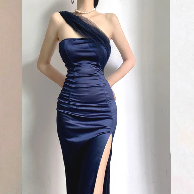 Blue Fashion Unique Long Tulle Evening Dress Satin Sexy High Slit Slim Midi Skirt Prom Dress Evening Dress Party Dress nv3437