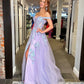 Robe de soirée longue en dentelle lilas à col en V brillant et épaules dénudées, robe de soirée en dentelle lilas, robe de soirée en tulle violet nv1507