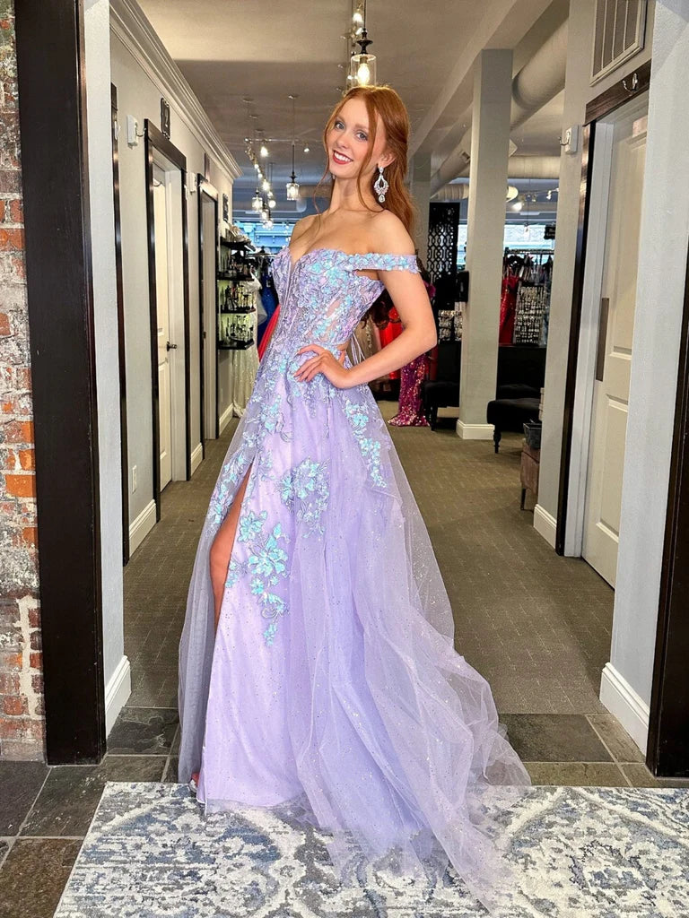Robe de soirée longue en dentelle lilas à col en V brillant et épaules dénudées, robe de soirée en dentelle lilas, robe de soirée en tulle violet nv1507