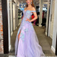 Robe de soirée longue en dentelle lilas à col en V brillant et épaules dénudées, robe de soirée en dentelle lilas, robe de soirée en tulle violet nv1507